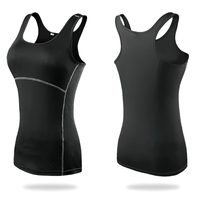Black slim tank top for women, polyester and spandex gym sportswear, front and back view, perfect for yoga and workouts.