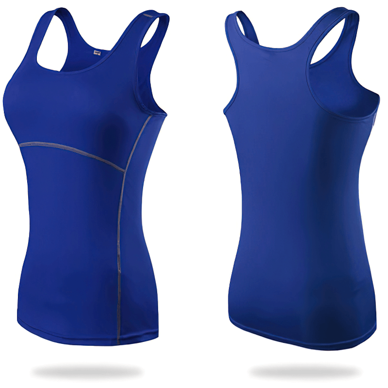 Blue female slim tank top for yoga and gym, featuring breathable polyester-spandex blend, quick-dry and anti-shrink properties.