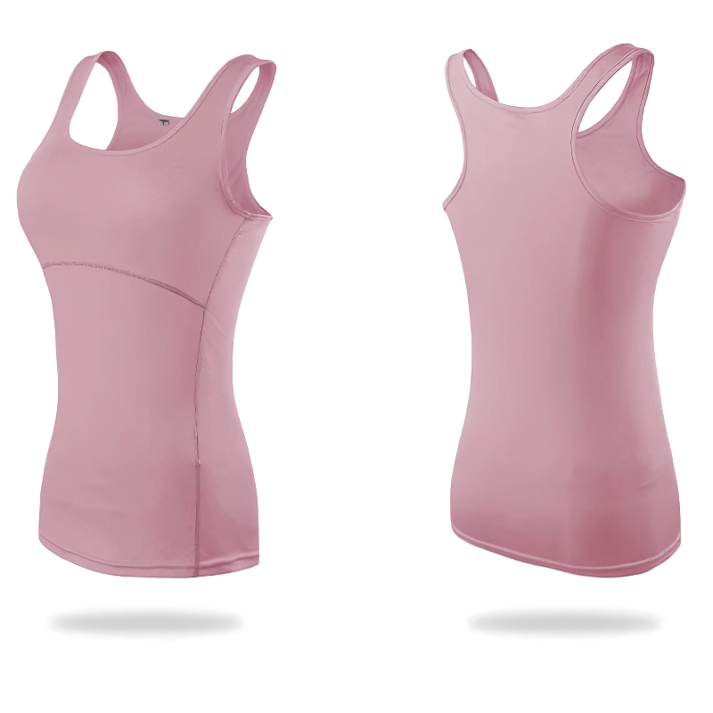 Pink slim tank top for women, perfect for yoga or gym workouts, featuring breathable, quick-dry fabric with anti-shrink properties.