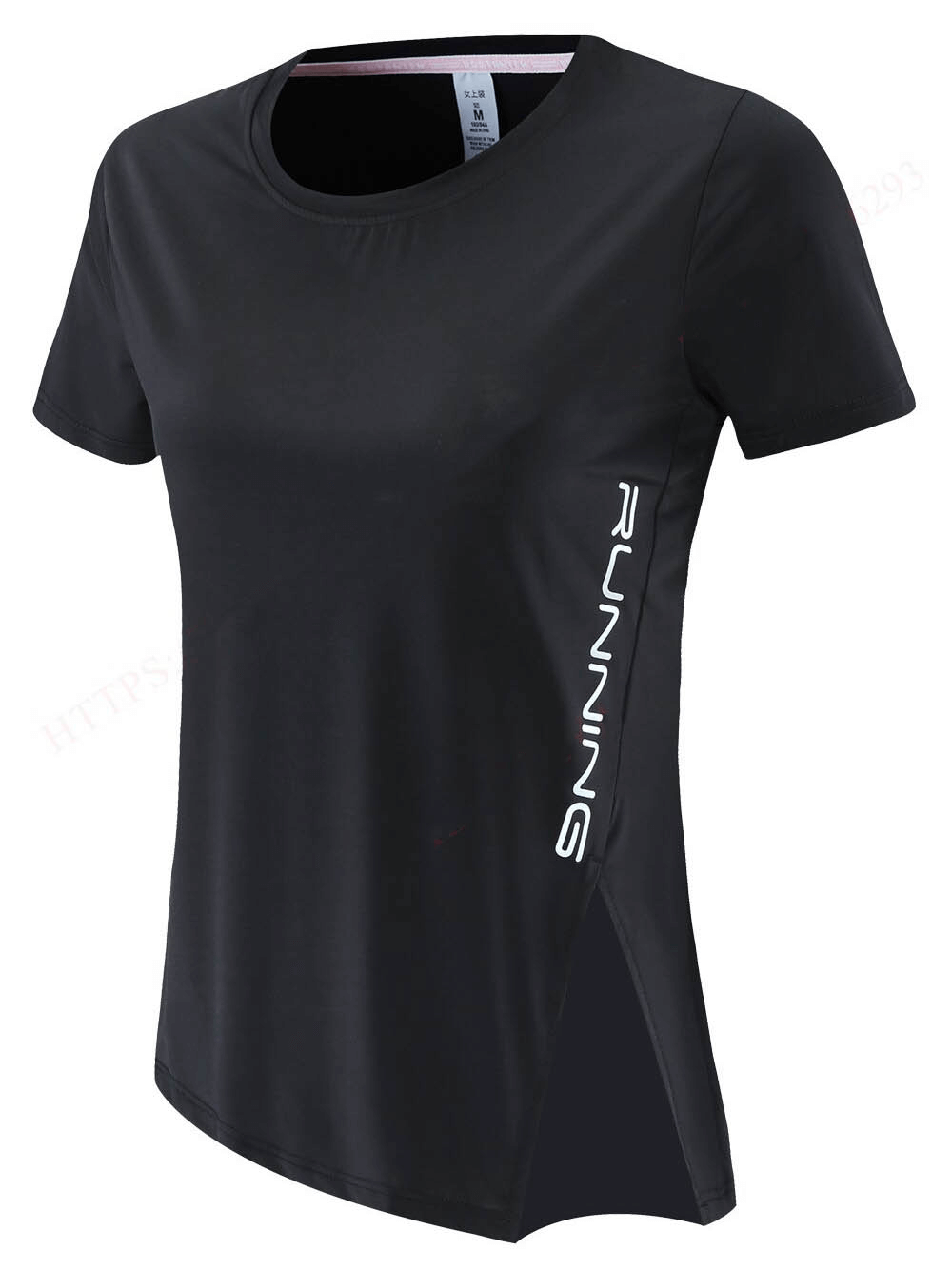 Black asymmetrical women's sports t-shirt with short sleeves, ideal for yoga and running, featuring "Running" print on the side.