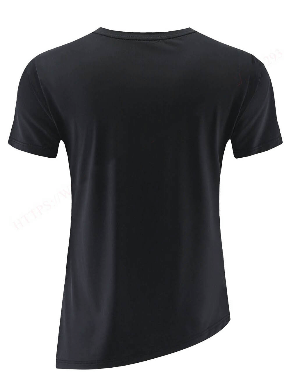 Alt Tag: Black asymmetrical women's sports t-shirt with short sleeves, ideal for yoga and workouts, showcasing back view - SF0099.