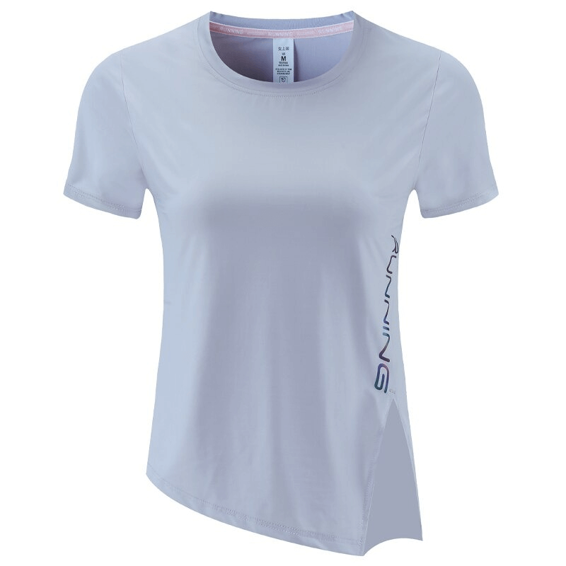 Female sports asymmetrical T-shirt in light grey, slim fit with short sleeves, perfect for yoga and workouts, quick-dry fabric - SF0099.