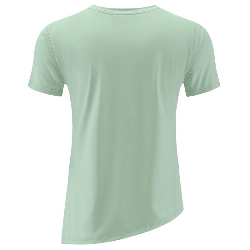 Female sports asymmetrical short sleeve t-shirt in mint color, slim fit, quick-dry fabric for yoga and workouts.