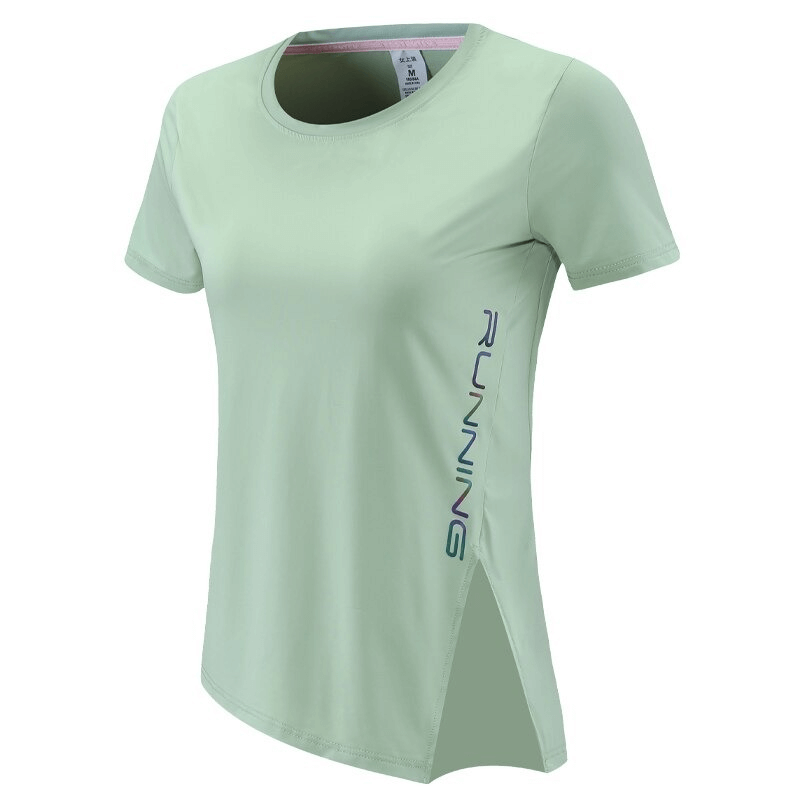 Light green asymmetrical slim-fit sports t-shirt with 'RUNNING' text, ideal for women in yoga or workouts; breathable and quick-dry fabric.