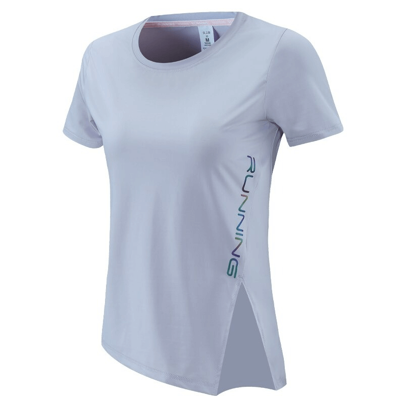 Women's asymmetrical sports t-shirt with running logo, short sleeves, slim fit, quick-dry, breathable fabric. Ideal for workouts.