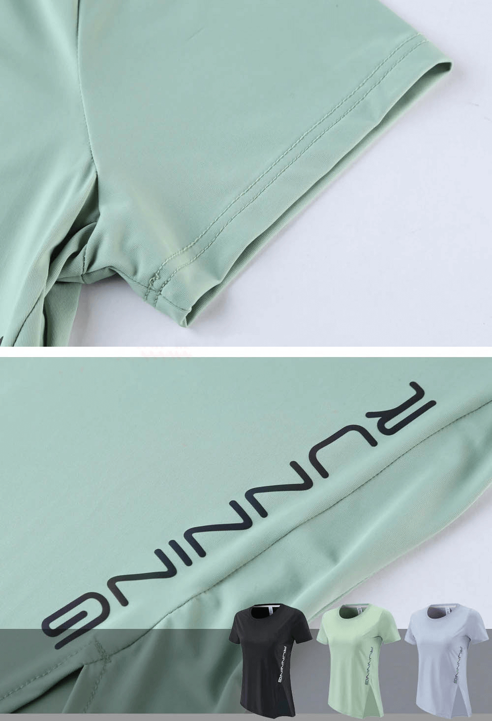 Close-up of a female sports asymmetrical T-shirt in green, showcasing short sleeves and modern design, available in multiple colors.