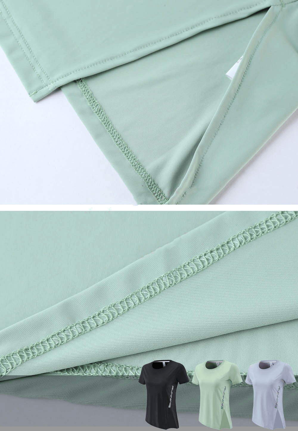 Close-up of asymmetrical female sports t-shirts in green, black, and white, showing breathable fabric and stylish design.
