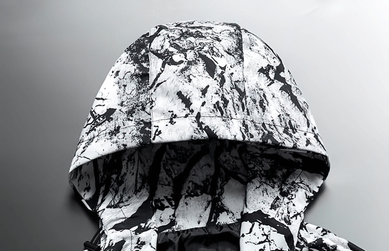 Stylish black and white printed hood on female zipper jacket windbreaker SF0910, perfect blend of fashion and comfort.