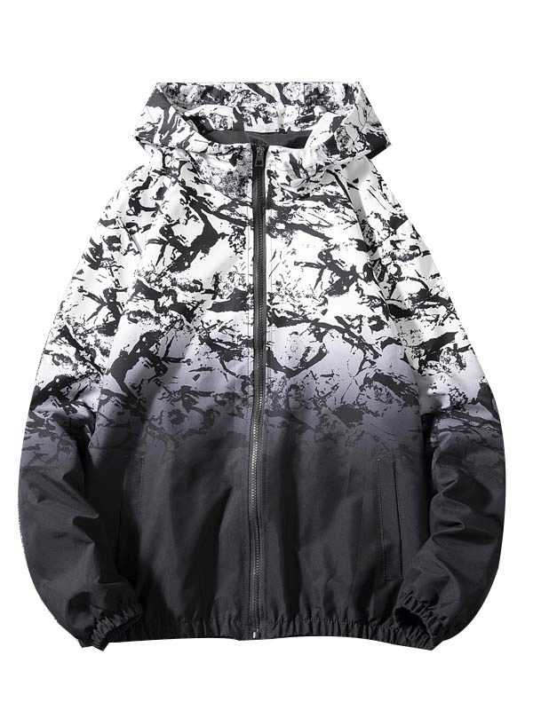Stylish female hooded jacket with black and white print, zip-up, pockets, perfect for lightweight comfort and fashion.