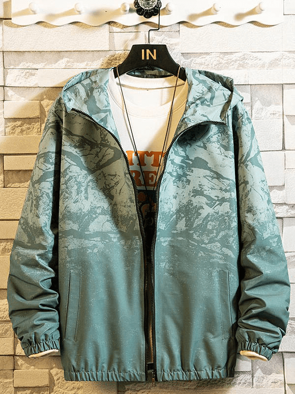 Stylish female zipper hooded jacket with print, lightweight and wide-waisted design, perfect for comfort and fashion.