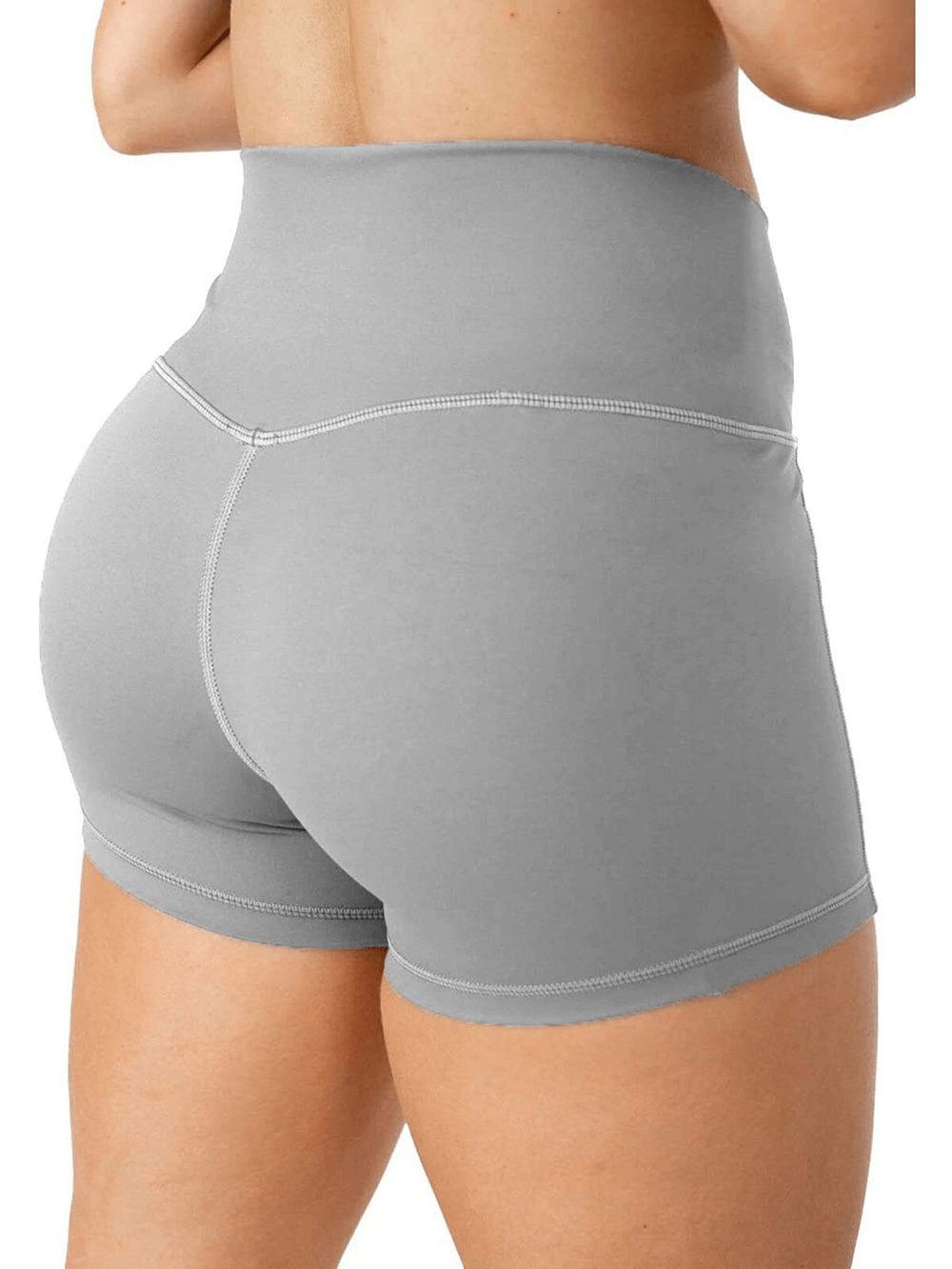 Women's solid color high waist running shorts, back view showcasing elastic waistband and comfortable fit for training and exercise.