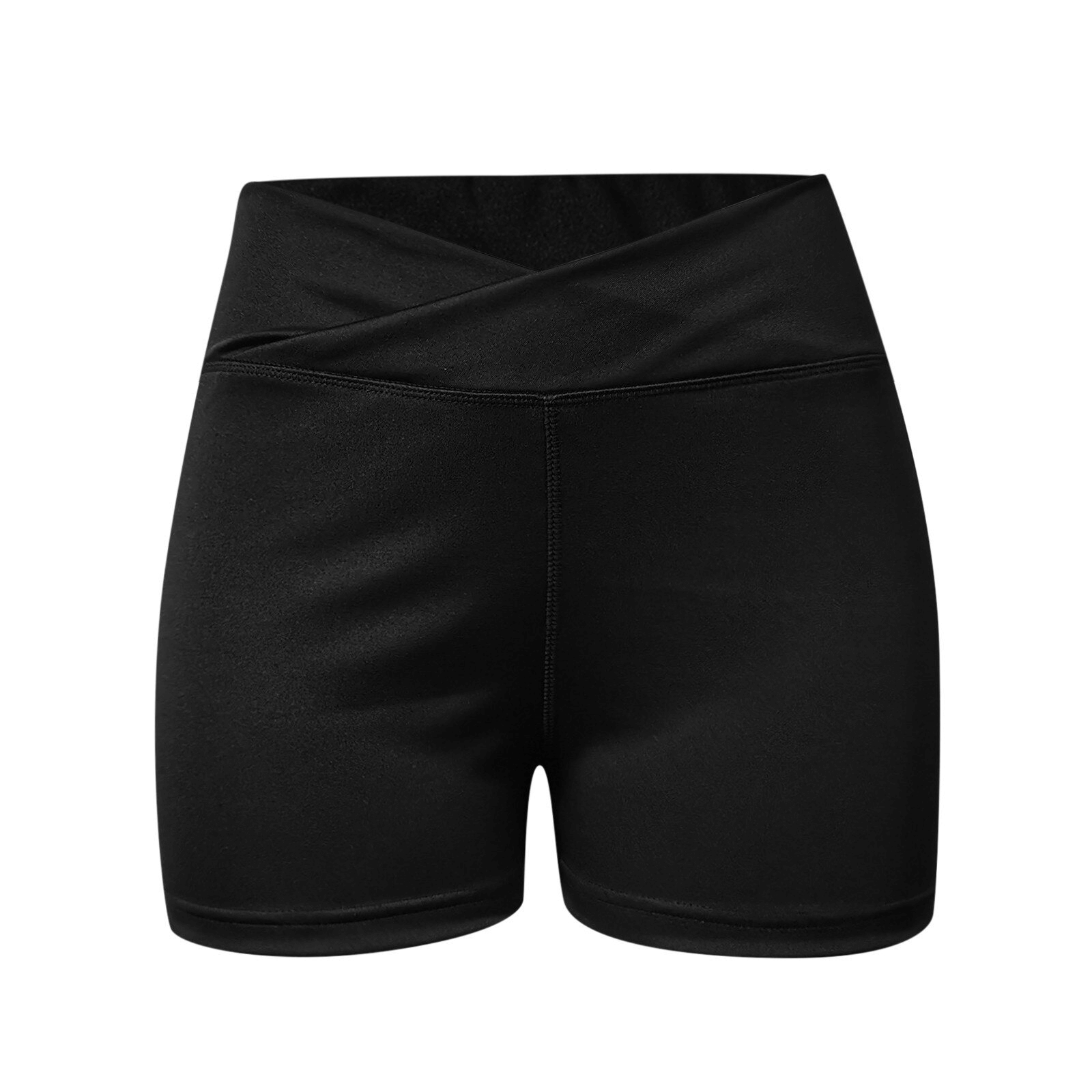 Black high waist fitness shorts for women, perfect for running and training, featuring a lightweight polyester blend and secure fit.