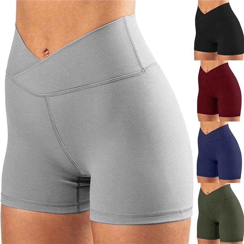 Women's high waist fitness shorts in solid colors, ideal for running and training, shown in gray, black, red, blue, and green.