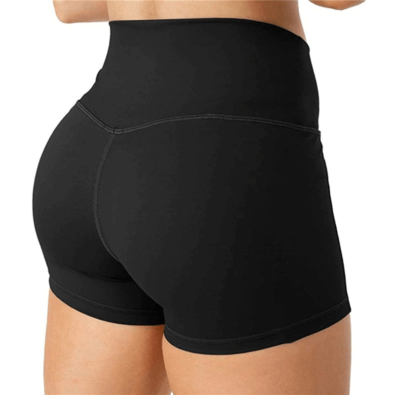 Solid black high waist fitness shorts for women, ideal for running and training, with a comfortable fit and secure elastic waistband.