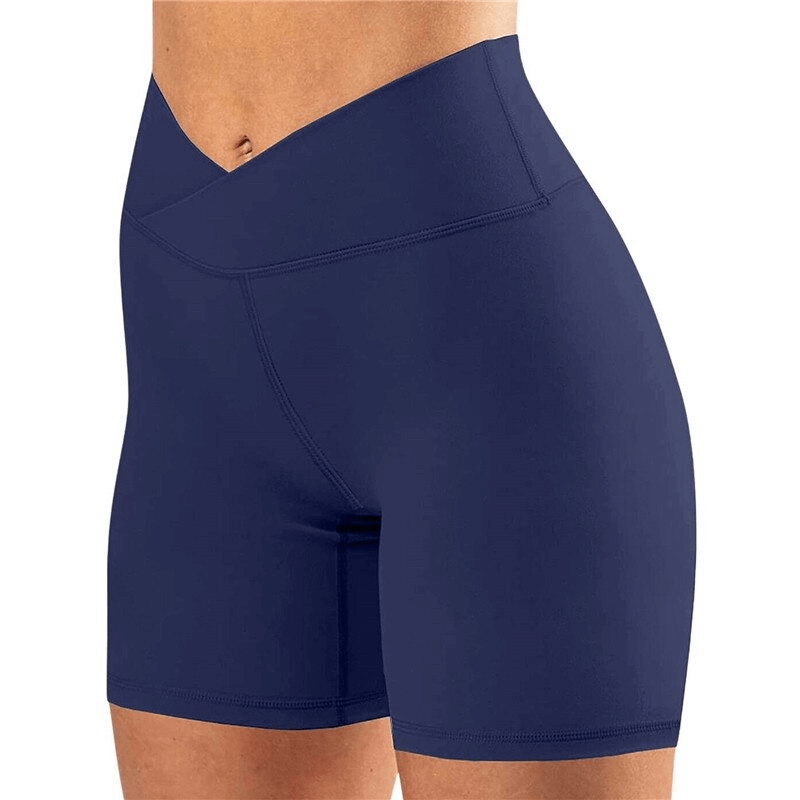 High waist solid color running shorts for women, made from lightweight polyester and microfiber with a mid-rise elastic waistband.