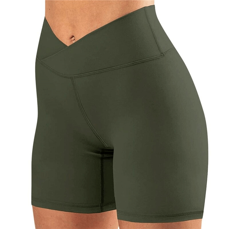 Women's high waist solid color running shorts, elastic waistband, ideal for fitness and casual training, lightweight polyester blend.