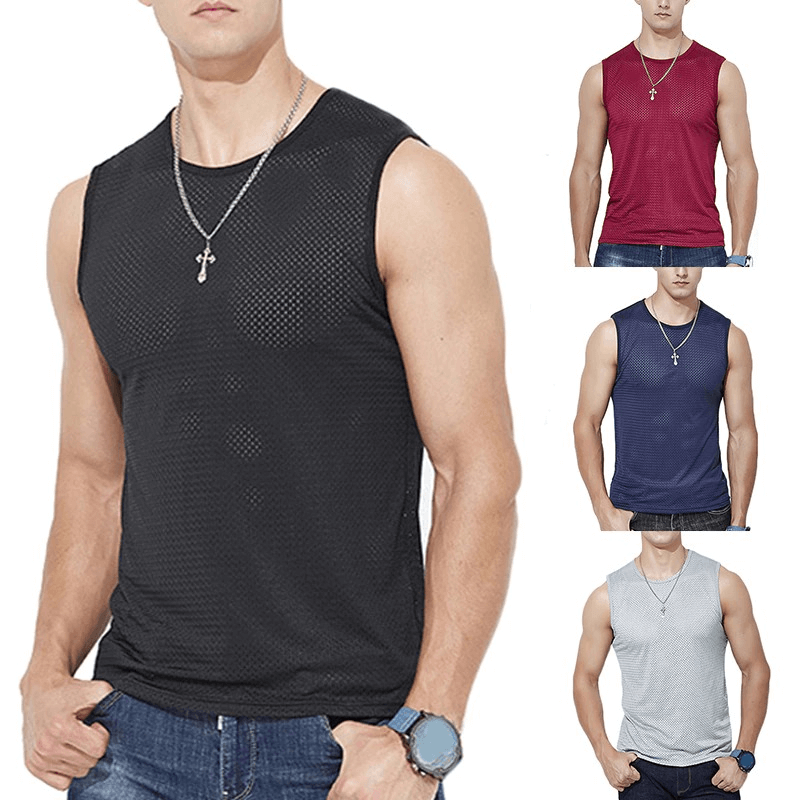 Men's breathable fitness mesh tank tops in black, red, navy, and gray, showcasing versatile athletic wear for workouts or wrestling.