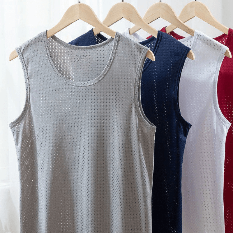 Four Fitness Mesh Tank Tops for Men in gray, navy, white, and red on hangers, breathable and perfect for cooling during workouts.