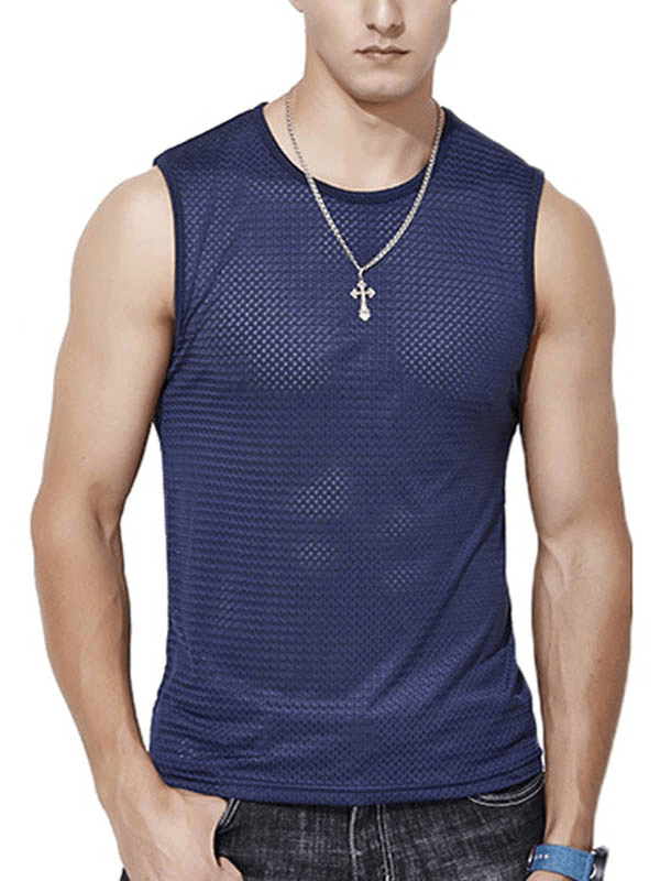 Man wearing a blue breathable fitness mesh tank top, ideal for wrestling or workout sessions, showcasing sporty and stylish design.