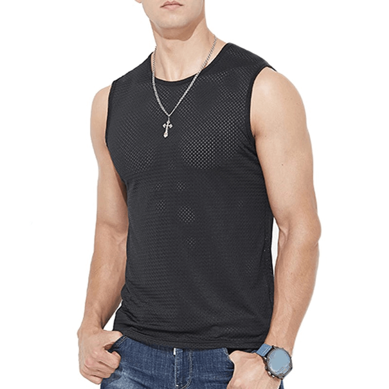 Men's Fitness Mesh Tank Top in black, breathable and quick-drying, perfect for wrestling or gym workouts, model wearing casual jeans.