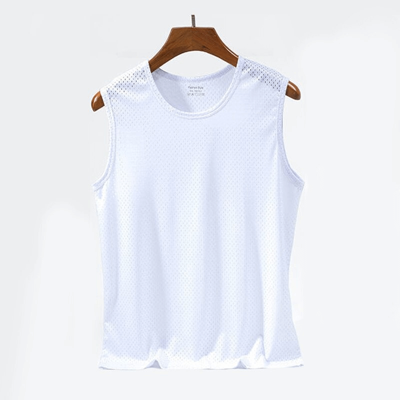 Men's breathable mesh tank top in white, perfect for fitness and wrestling. Quick-drying polyester singlet.