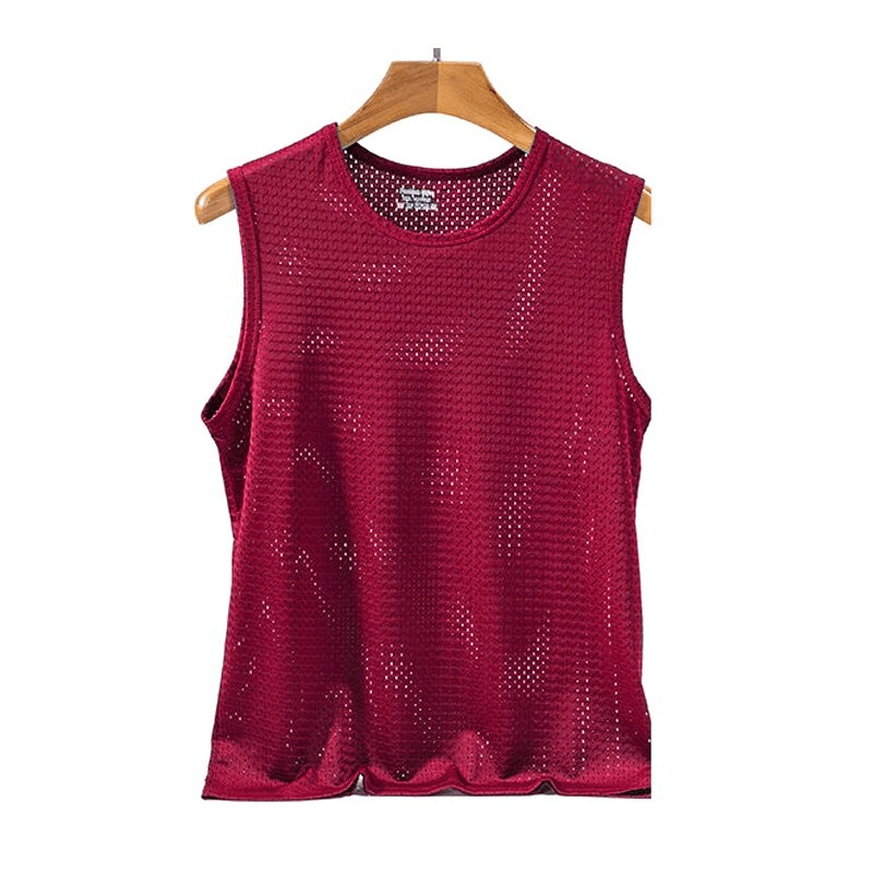 Red fitness mesh tank top for men, breathable and quick-drying, perfect for wrestling or exercising, displayed on a hanger.