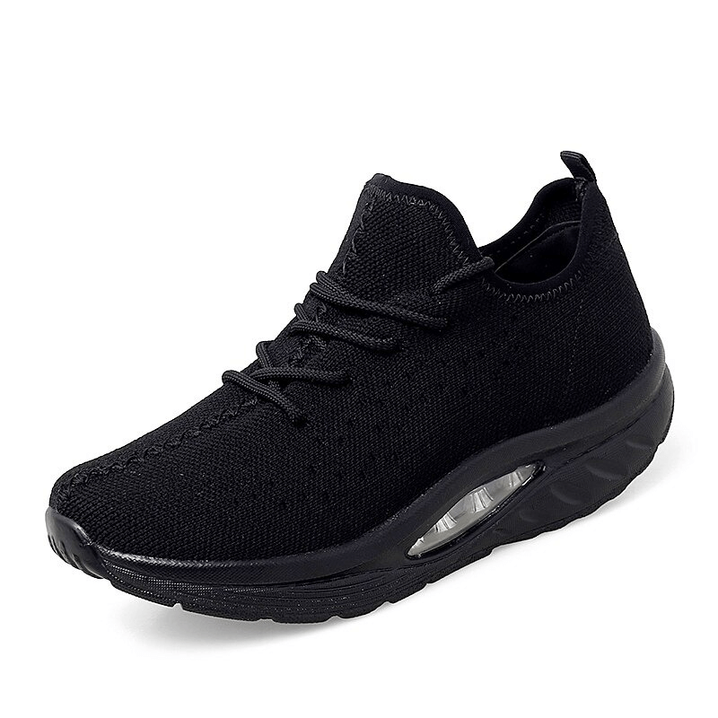 Black Fitness Women's Lace-up Platform Sports Sneakers with breathable mesh upper and EVA cushioning, SF0253 model.