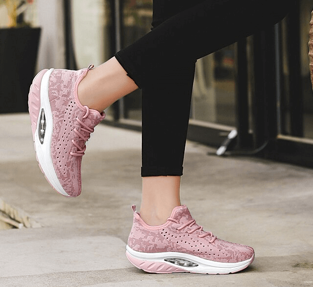 Pink lace-up platform sports sneakers for women, featuring breathable mesh and EVA insole, perfect for fitness and casual wear.