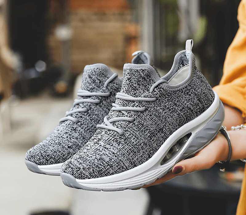 Gray fitness women's lace-up platform sports sneakers with breathable mesh upper and EVA insole for comfort and support, SF0253.