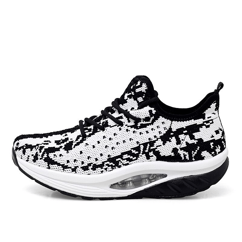 Black and white Fitness Women's Lase-up Platform Sports Sneakers SF0253 with EVA insole and breathable mesh upper, side view.