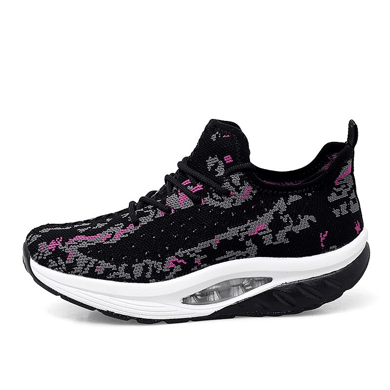 Black and pink lace-up platform sports sneaker with breathable mesh and cushioned EVA insole for women, model SF0253.