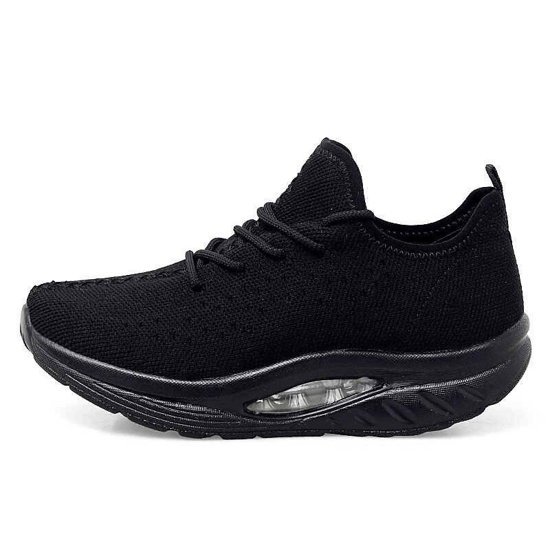 Fitness Women's Lace-up Platform Sports Sneakers in black with breathable mesh and EVA cushioning, perfect for active lifestyles.