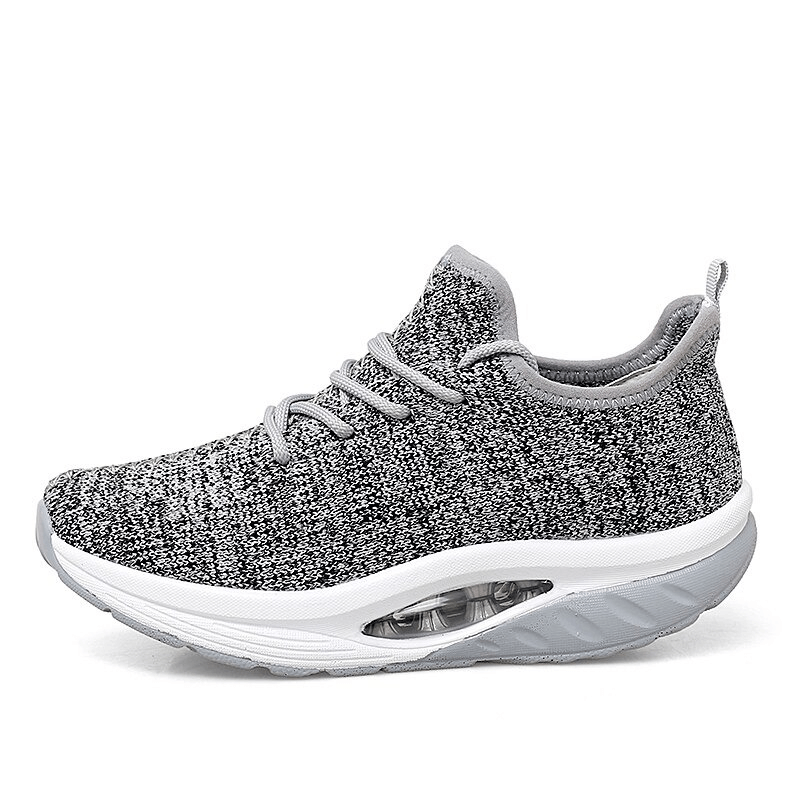 Women's grey lace-up platform sports sneakers with breathable mesh design and EVA cushioned sole, model SF0253, side view.
