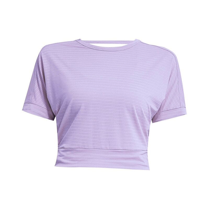 Lavender women's loose crop top, perfect for gym and yoga, made with polyester and spandex for comfort and style.