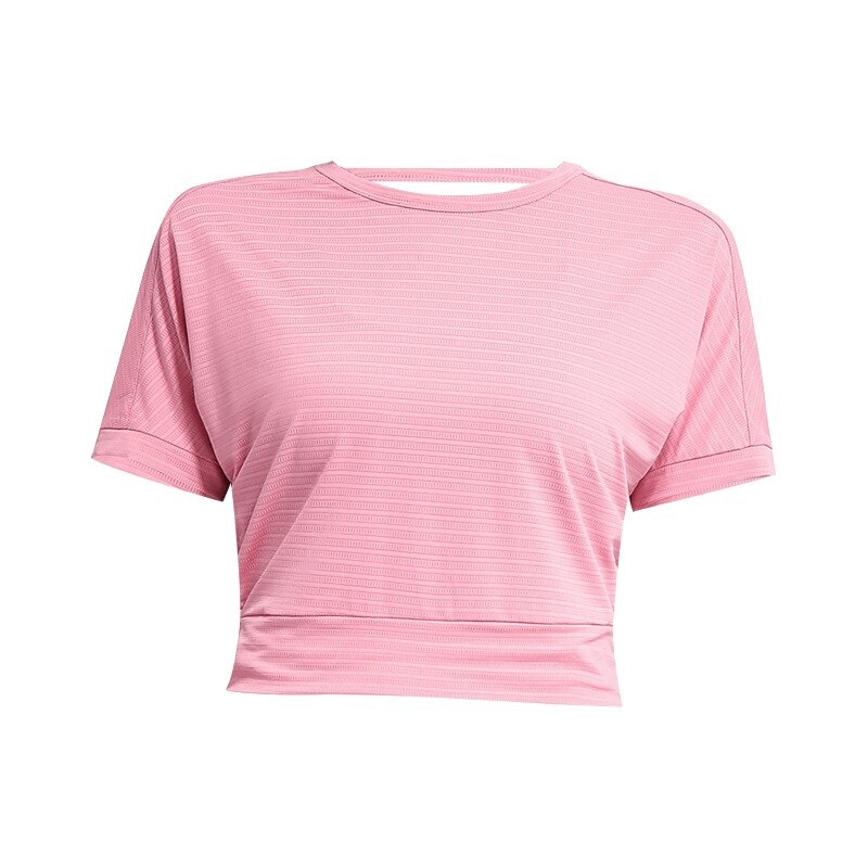 Pink women's loose backless crop top for fitness and gym, made from stretchable spandex blend, stylish sportswear SF0017.