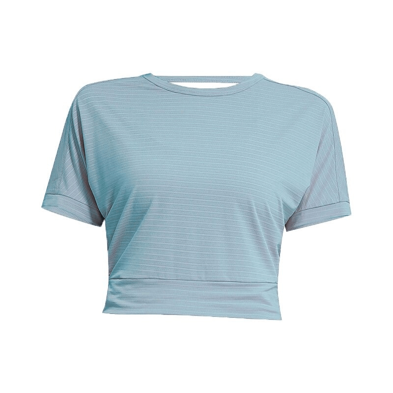 Light blue women's backless crop top for gym and yoga.