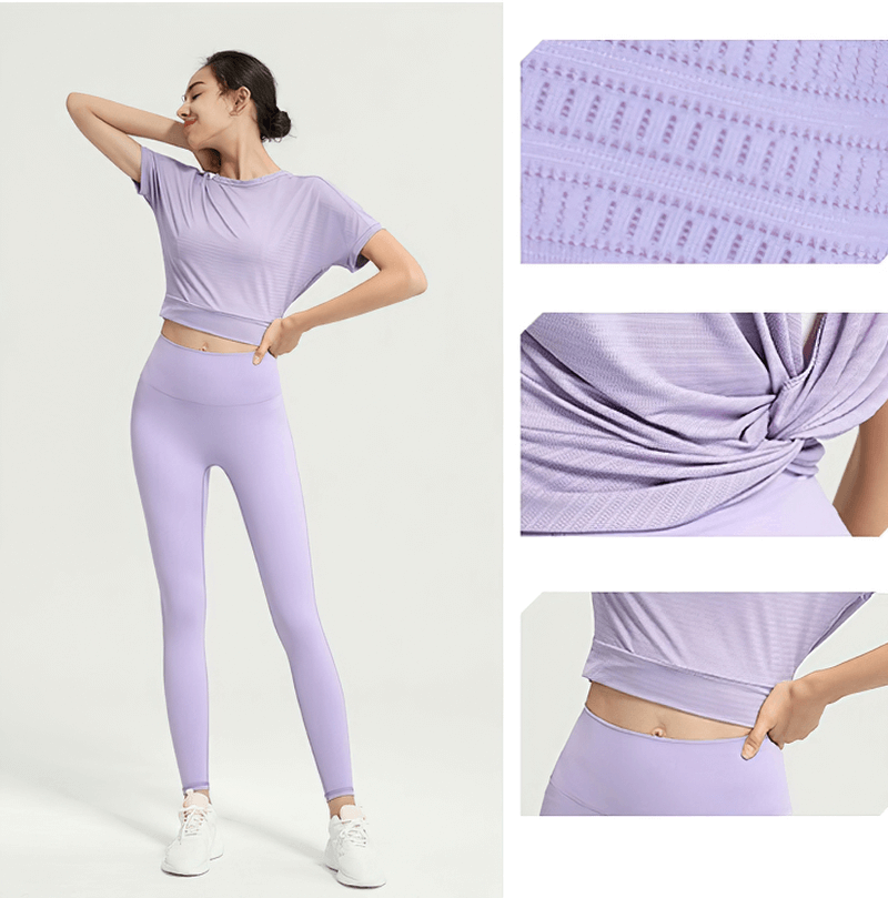 Woman in a lavender backless gym crop top and leggings, showcasing the fabric texture and fit. Perfect for active sports and yoga.