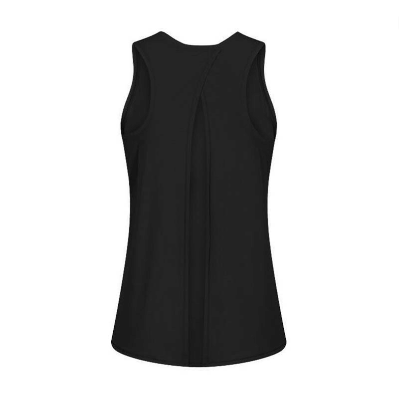 Back view of black fitness women's tank top with slit for breathability, perfect for gym, yoga, and running. Lightweight and quick-drying.