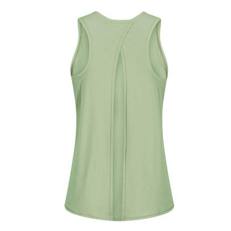 Mint green women's fitness tank top with back slit, designed for breathability and comfort, perfect for gym and yoga.