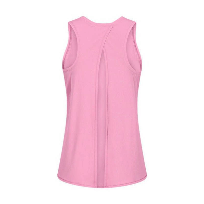 Pink women's fitness tank top with back slit, breathable and lightweight, perfect for gym, yoga, and running.