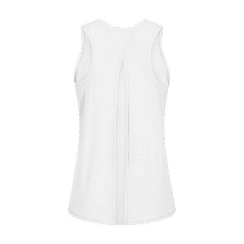 Back view of fitness women's tank top with a stylish slit, designed for breathability. Perfect for yoga, gym, and running. SF0035.