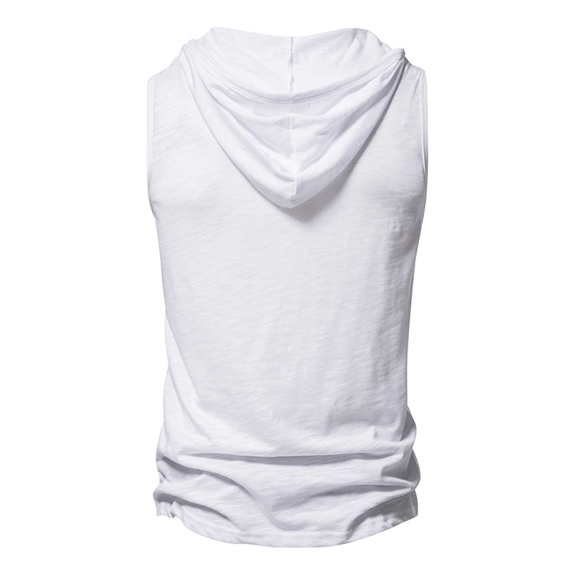 White sleeveless fitness hoodie with buttons and O-neck, designed for men, back view. Ideal for workouts with lightweight fabric.