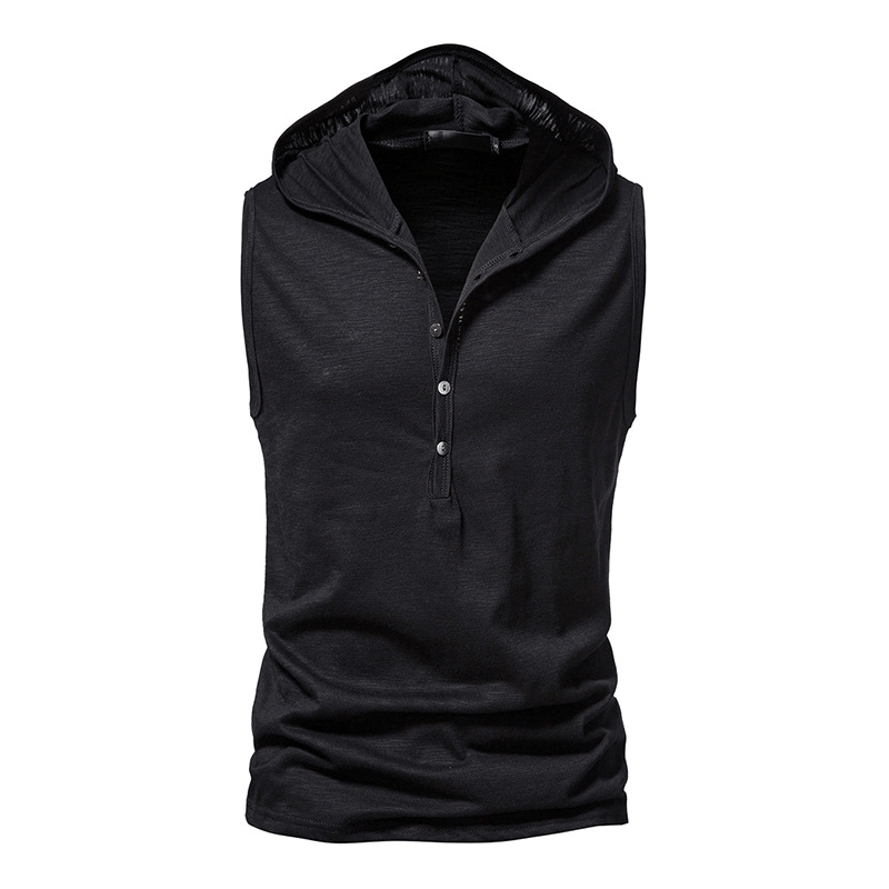 Men's black sleeveless hoodie with buttons for fitness and sports.