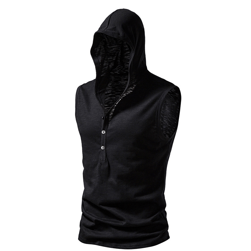 Men's thin sleeveless black hoodie with buttons, perfect for workouts and sports, featuring lightweight comfort and a classic O-neck collar.