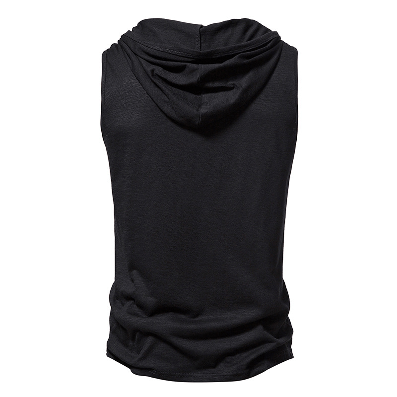 Back view of black sleeveless workout hoodie for men, featuring a stylish design perfect for fitness and sports activities.