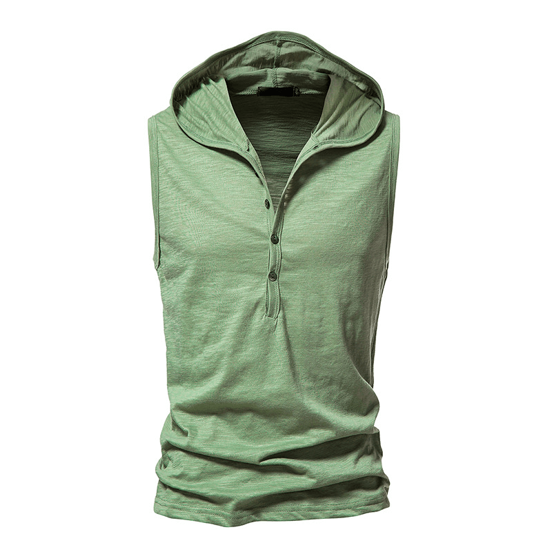 Sleek green sleeveless hoodie with buttons, perfect for men's fitness workouts and sportswear fashion.