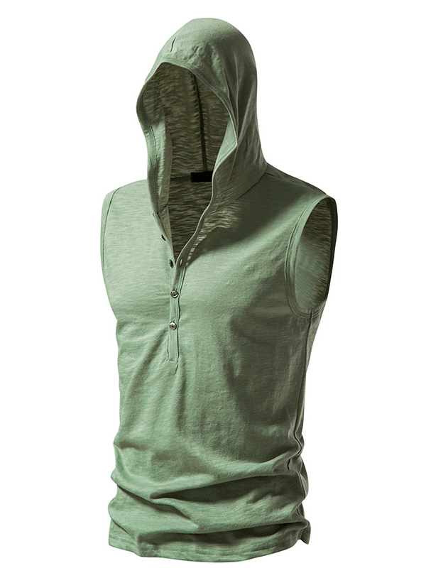 Fitness Workout Sleeveless Hoodie with Buttons, male sportswear in green. Lightweight, high-performance cotton, perfect for workouts.