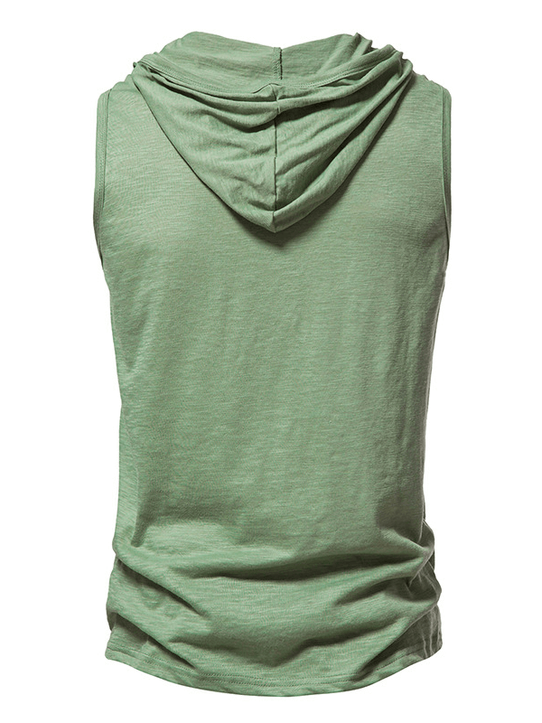 Back view of green sleeveless fitness hoodie with buttons for men, perfect for workouts.