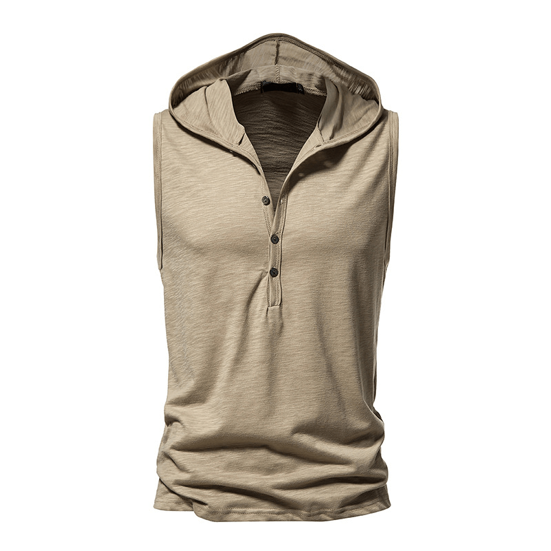 Men's thin sleeveless workout hoodie with buttons, front view, beige color, perfect for fitness and sportswear - SF1174