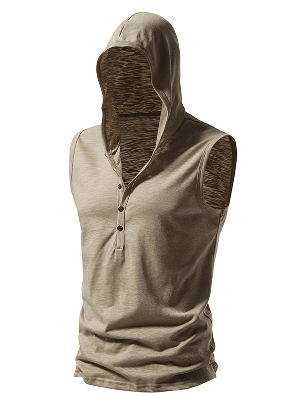 Fitness Workout Thin Sleeveless Hoodie with Buttons in beige, ideal for male sportswear enthusiasts seeking comfort and style.